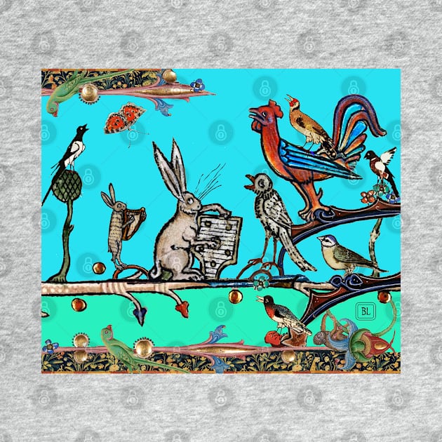 WEIRD MEDIEVAL BESTIARY MORNING MUSIC CONCERT OF RABBITS AND BIRDS IN TEAL BLUE by BulganLumini